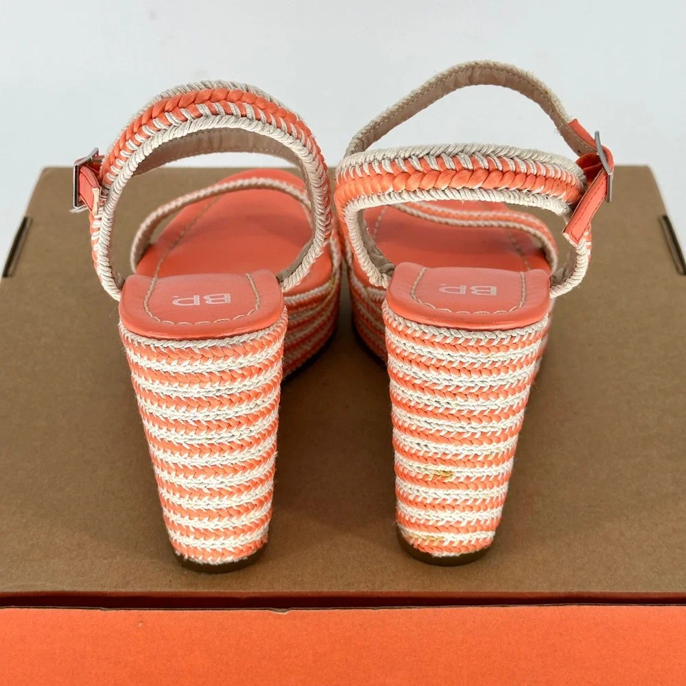 BP. Camelia Woven Orange White Wedge Sandals Buckle Ankle Summer Vacay 8 M